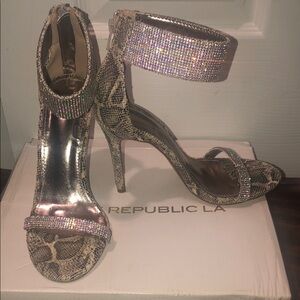 Shoe Republic LA Snake Print Heels with Rhinestones
